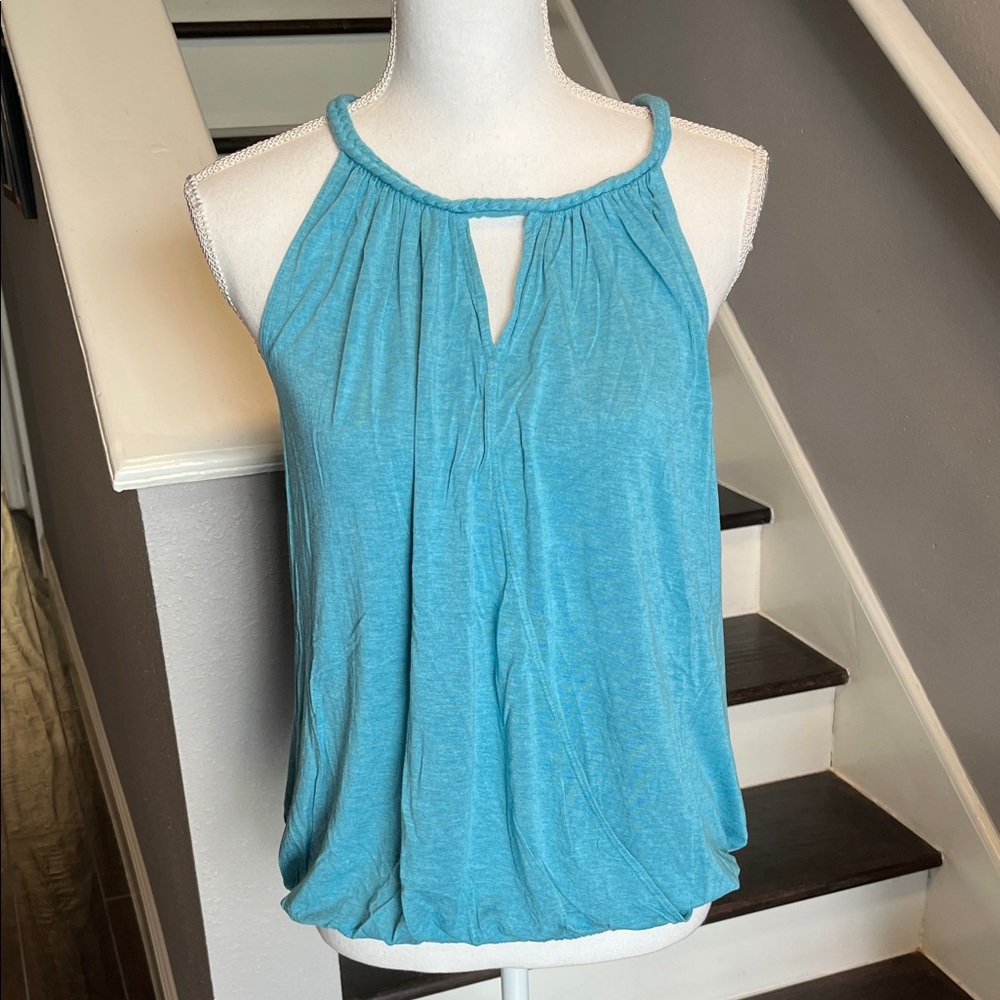 M.S.S.P. Blue Aqua Sleeveless Top with faux wrap front. Gathering at waist. Sz.L